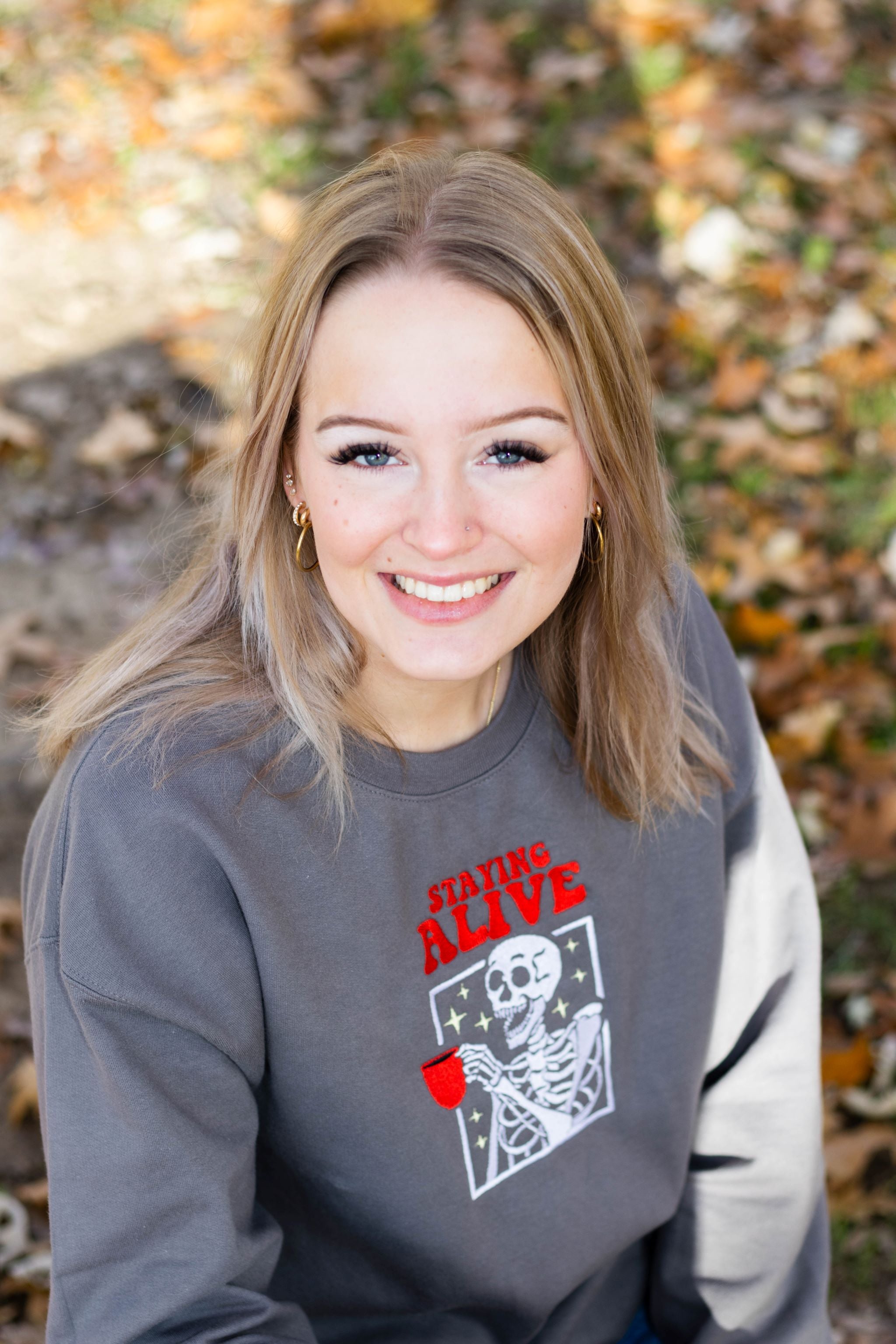 EMBROIDERED SWEATSHIRT- STAYING ALIVE COFFEE AND SKELETON