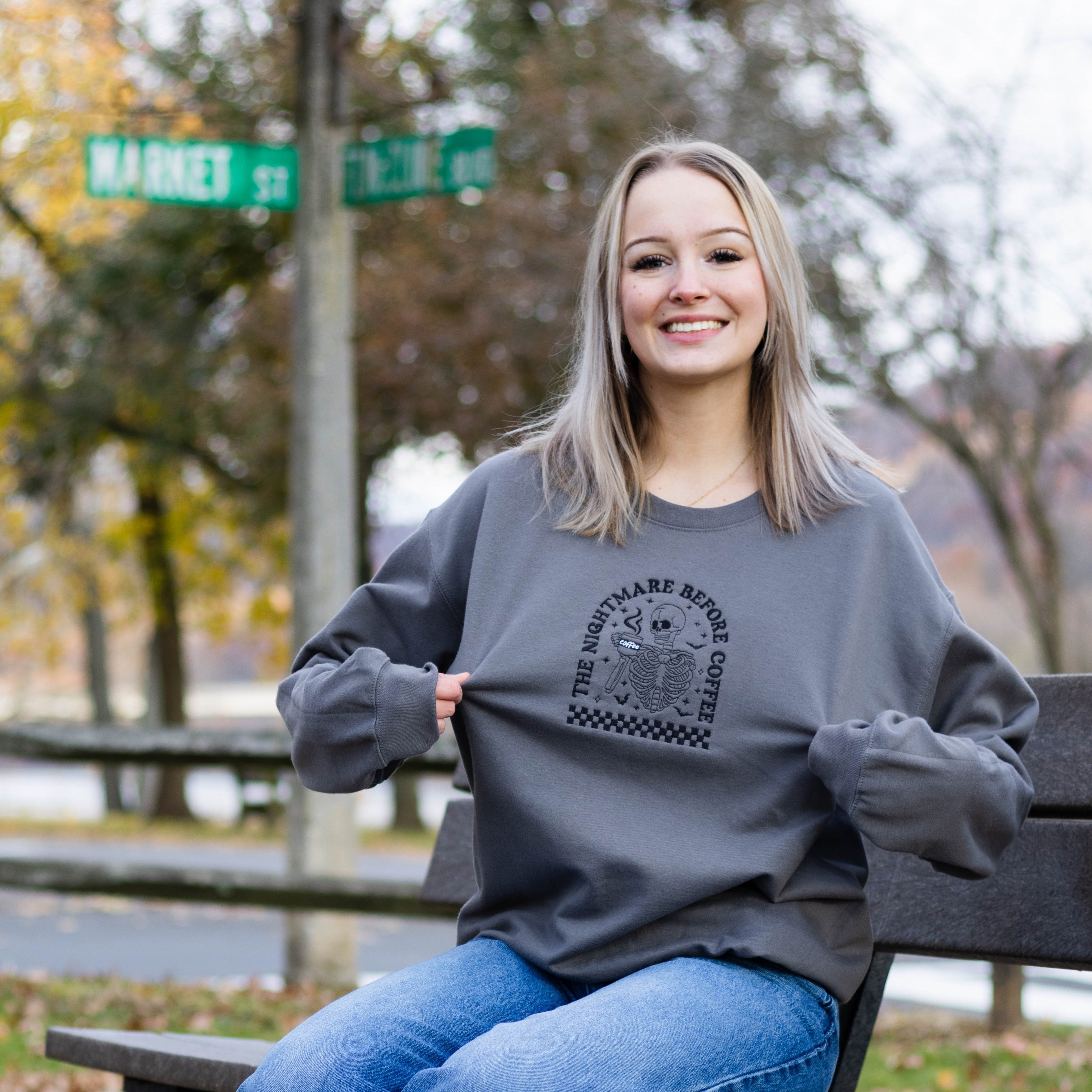 EMBROIDERED SWEATSHIRT-NIGHTMARE BEFORE COFFEE