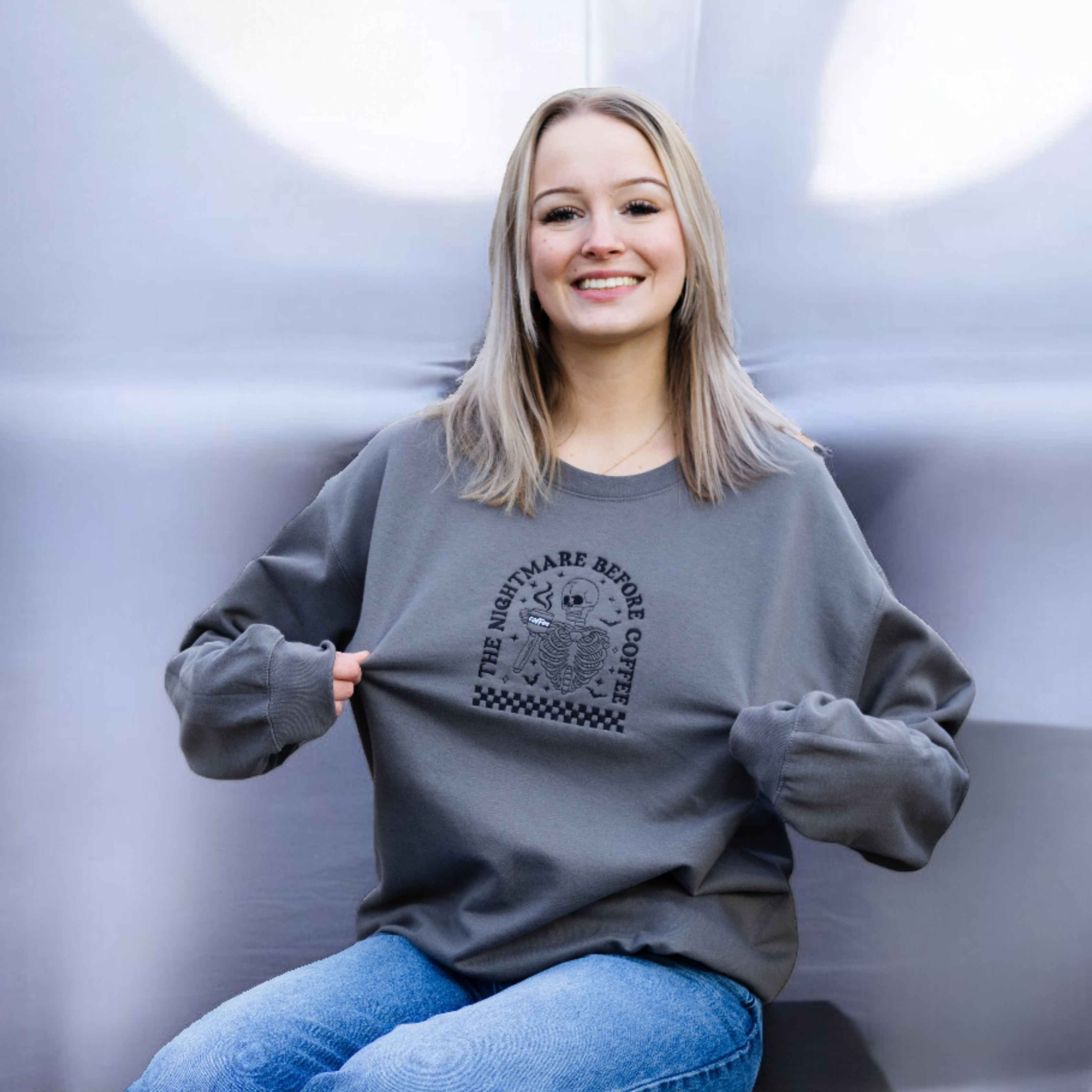 EMBROIDERED SWEATSHIRT-NIGHTMARE BEFORE COFFEE