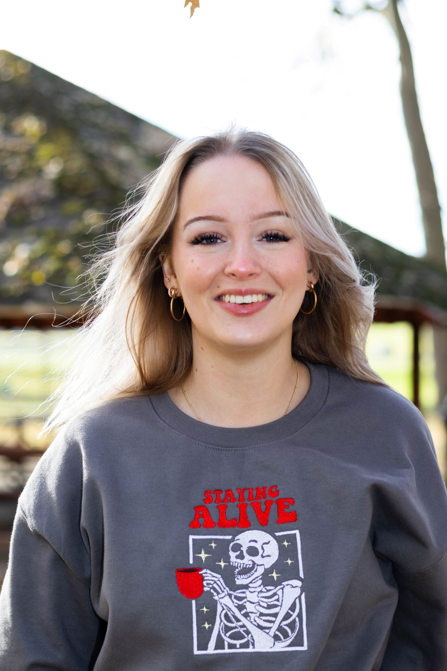 EMBROIDERED SWEATSHIRT- STAYING ALIVE COFFEE AND SKELETON