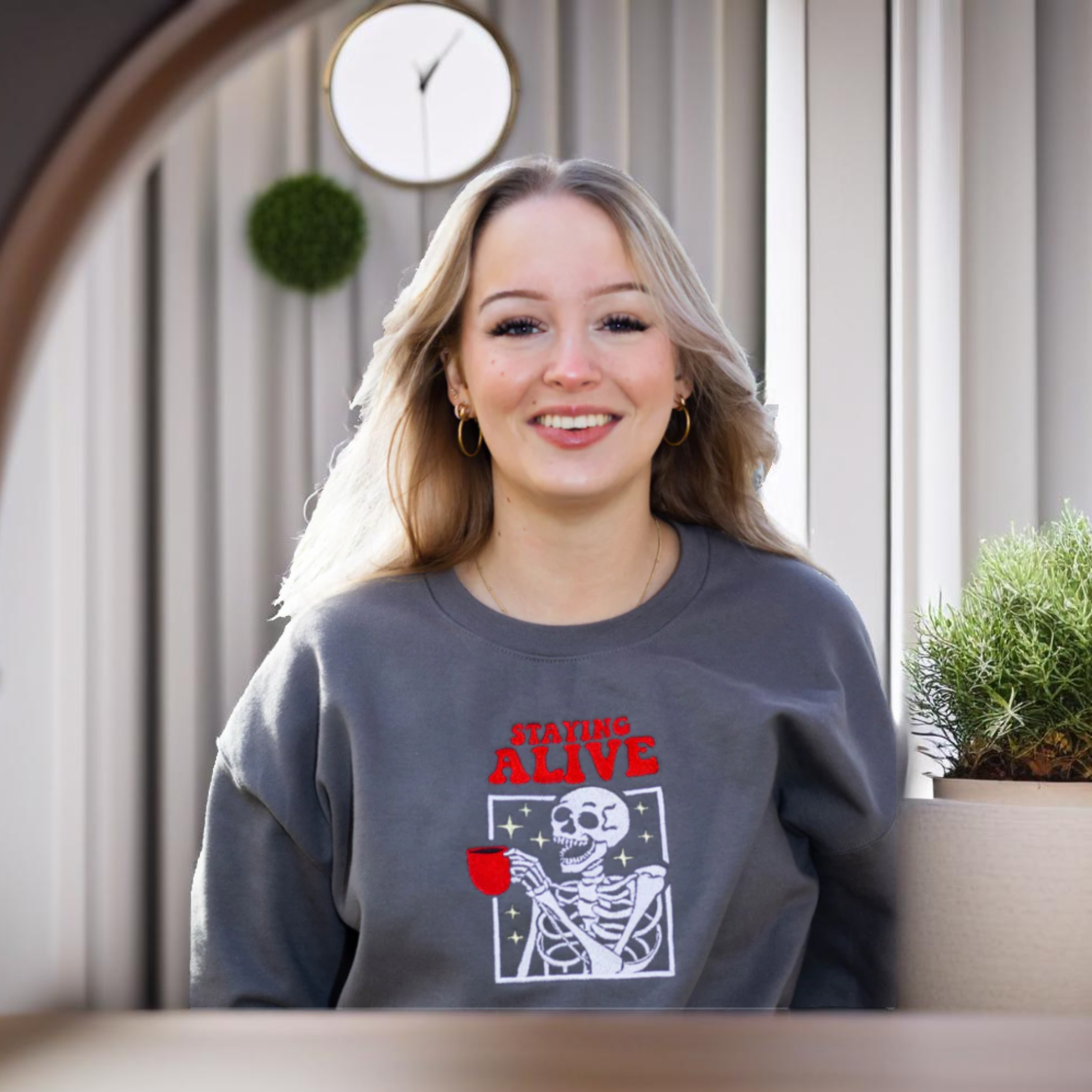 EMBROIDERED SWEATSHIRT- STAYING ALIVE COFFEE AND SKELETON