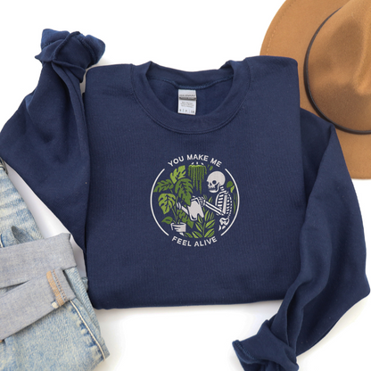 EMBROIDERED SWEATSHIRT- GREEN PLANT AND SKELETON