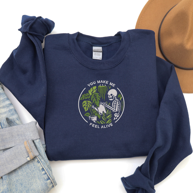 EMBROIDERED SWEATSHIRT- GREEN PLANT AND SKELETON