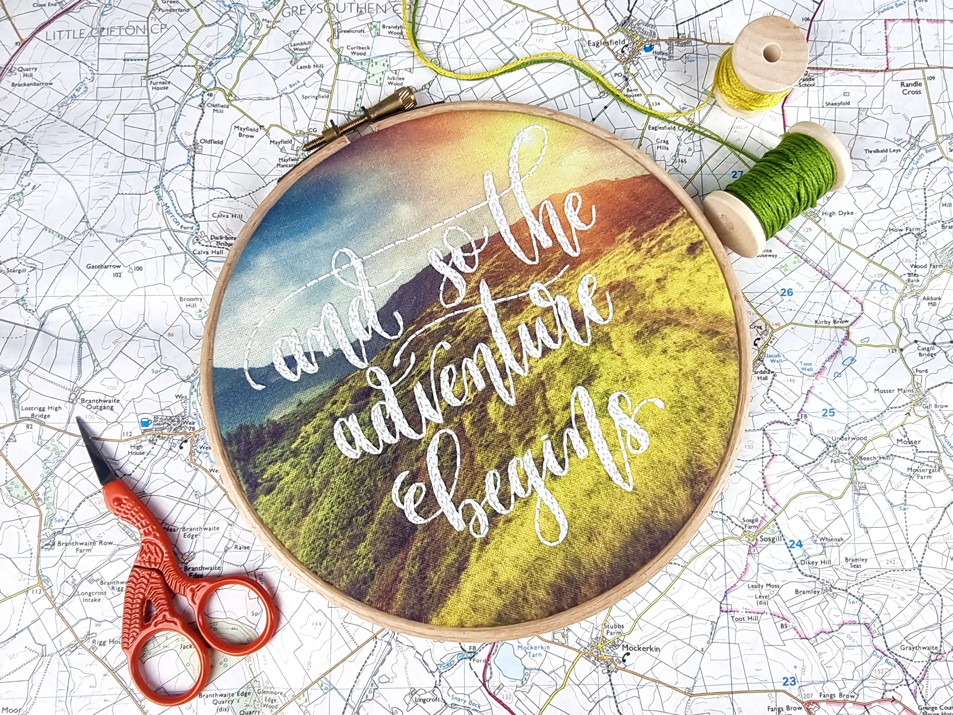ADVENTURE BEGINS EMBROIDERY PATTERN FABRIC PACK